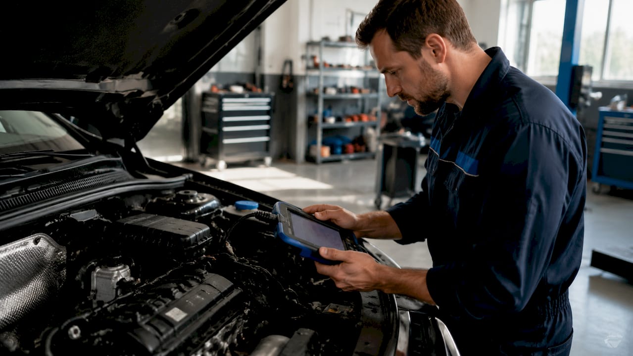Technician diagnosing Haldex hydraulic system in garage