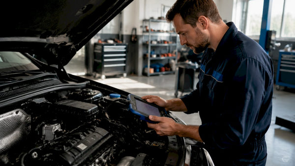 Technician diagnosing Haldex hydraulic system in garage
