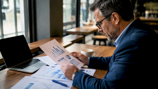Analyst studying Haldex market reports in office