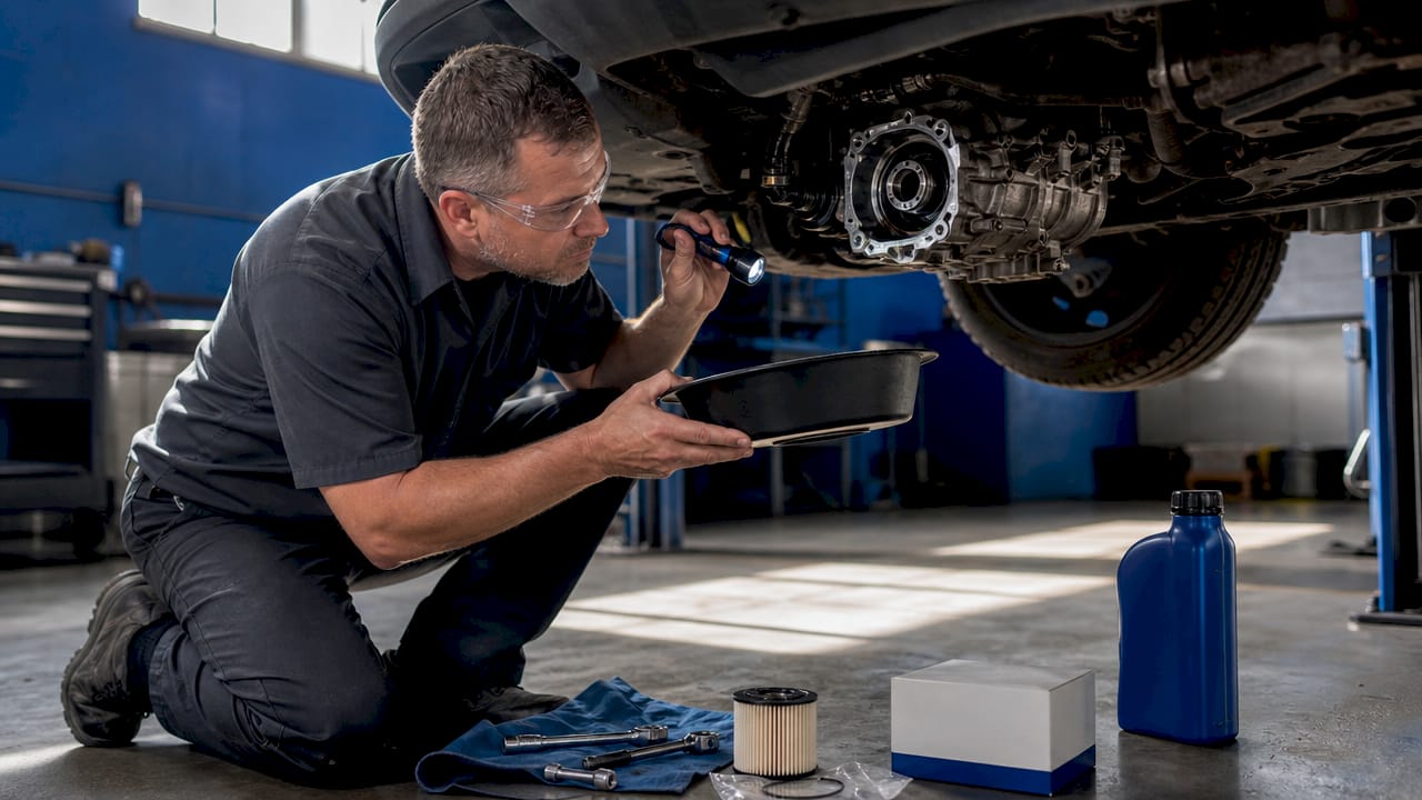 Technician inspecting Haldex coupling during oil maintenance