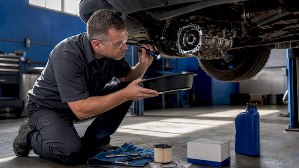 Technician inspecting Haldex coupling during oil maintenance