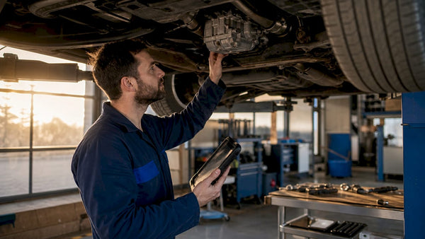 Mechanic inspecting Haldex AWD system under vehicle