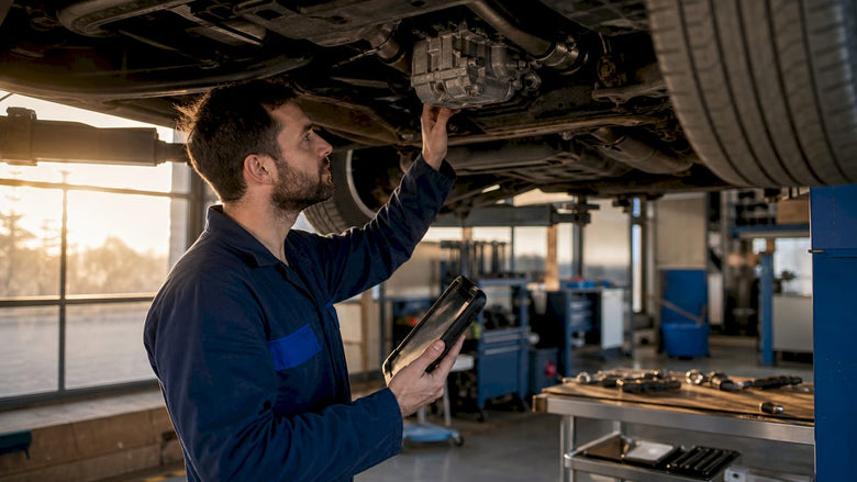 Mechanic inspecting Haldex AWD system under vehicle