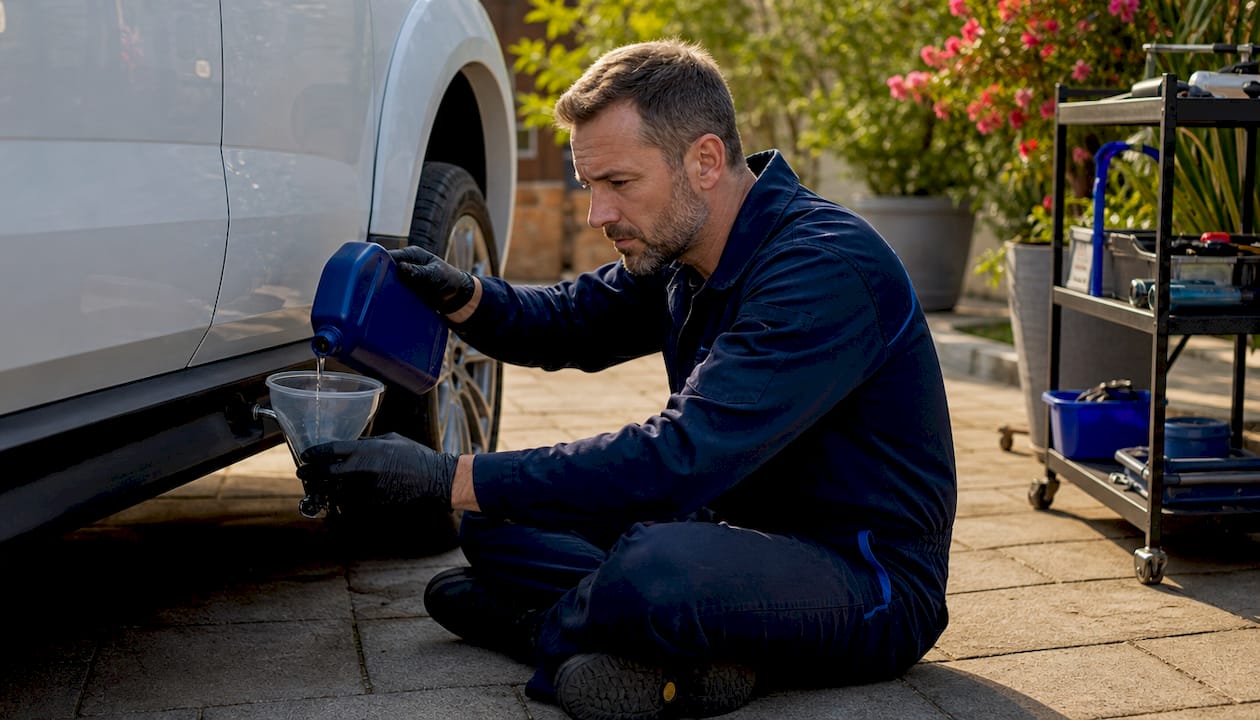 Mechanic performing Haldex fluid refill on SUV
