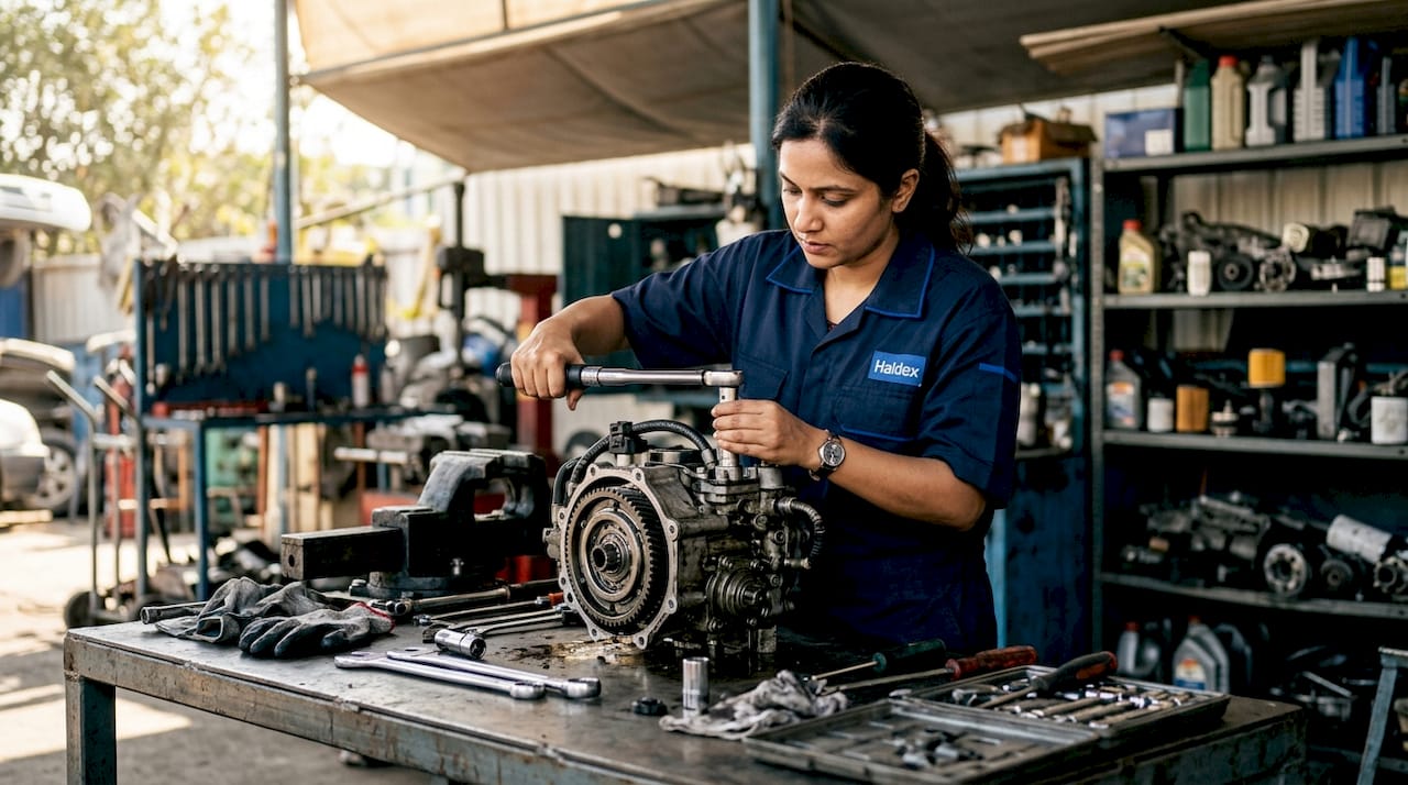 Engineer inspecting Haldex hydraulic clutch system
