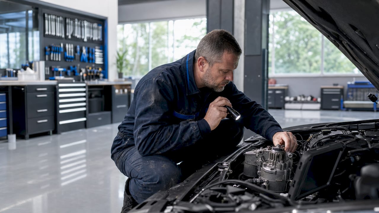 Technician inspecting Haldex coupling under car hood