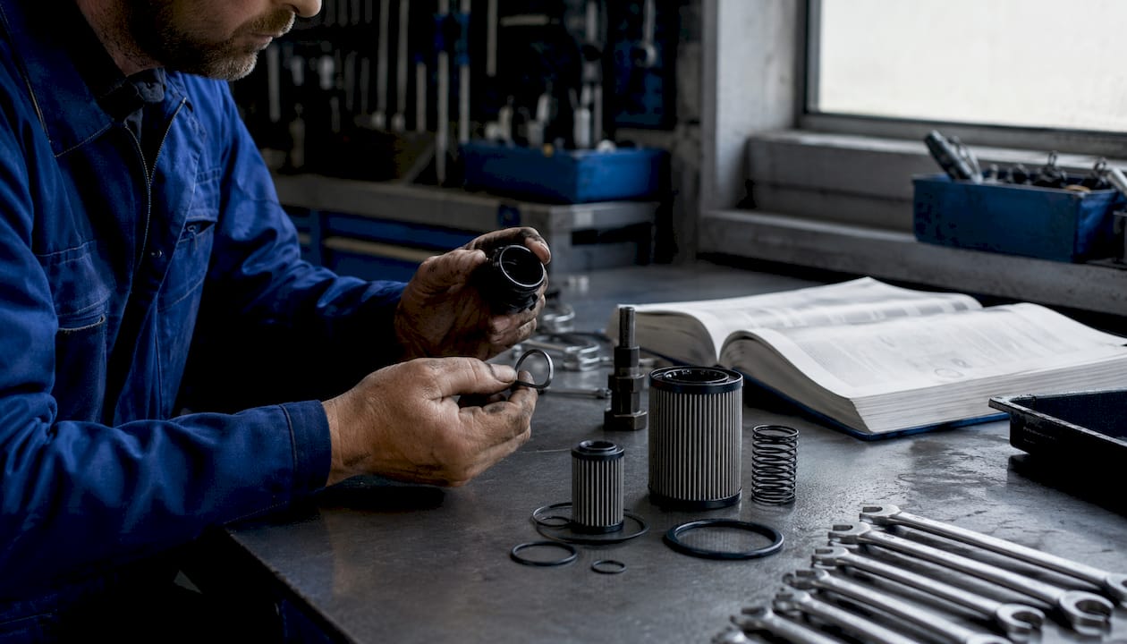 Technician inspecting Haldex filter kit parts