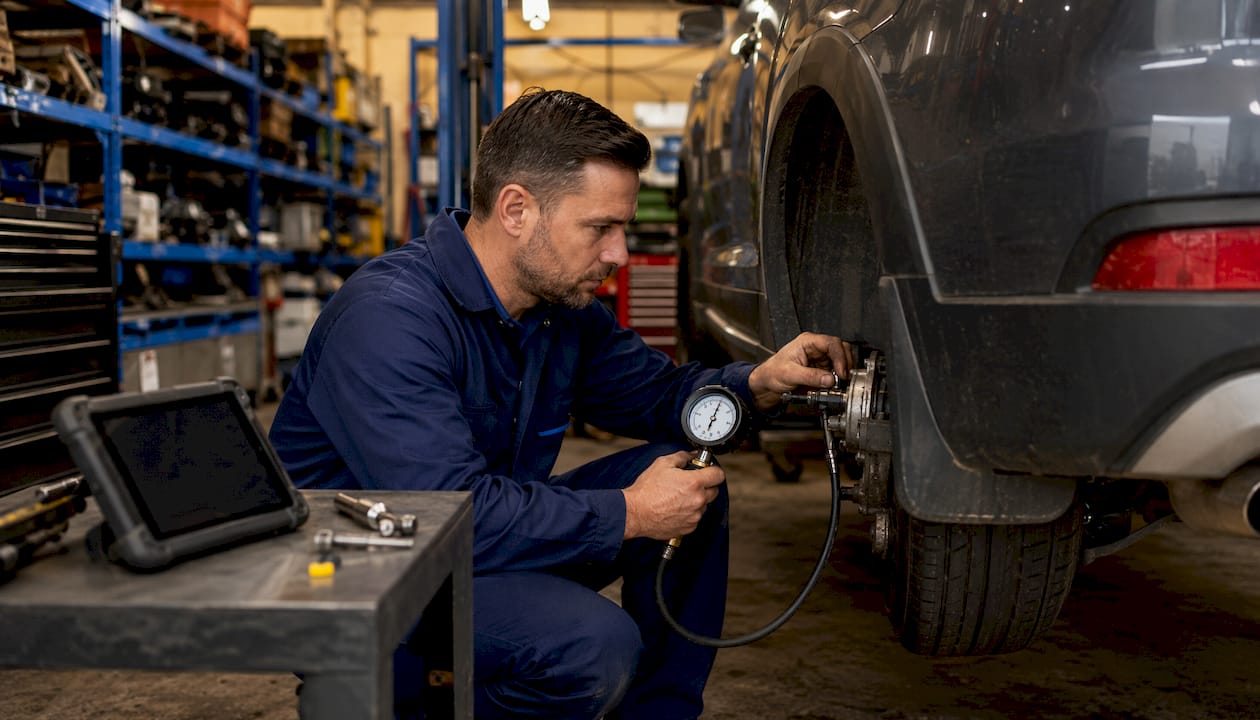 Technician diagnosing AWD coupling in workshop