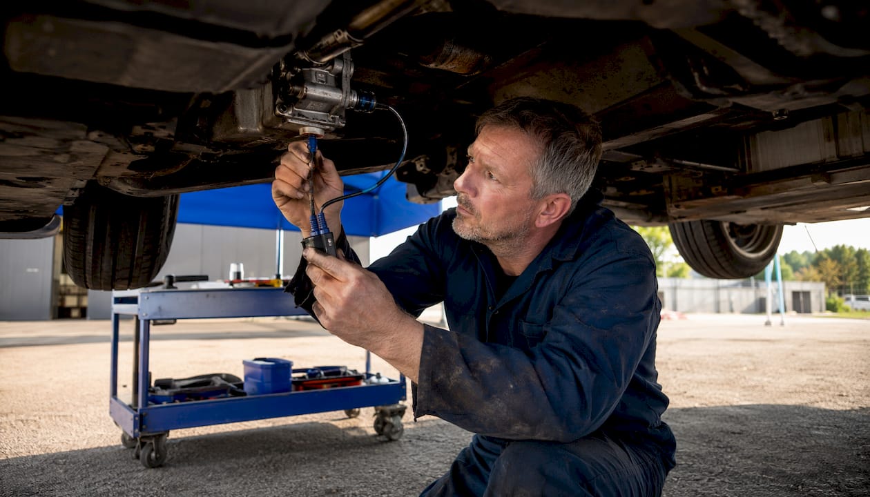 Mechanic diagnosing Haldex vibration under car
