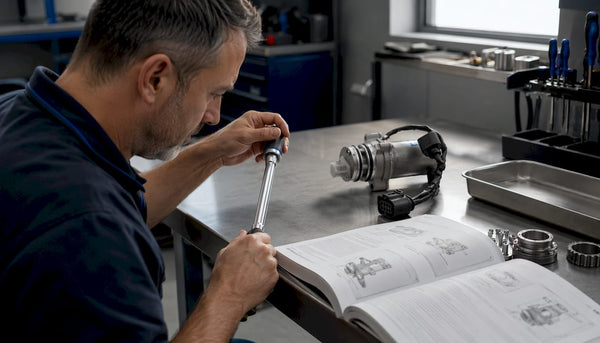 Technician calibrating torque wrench for Haldex