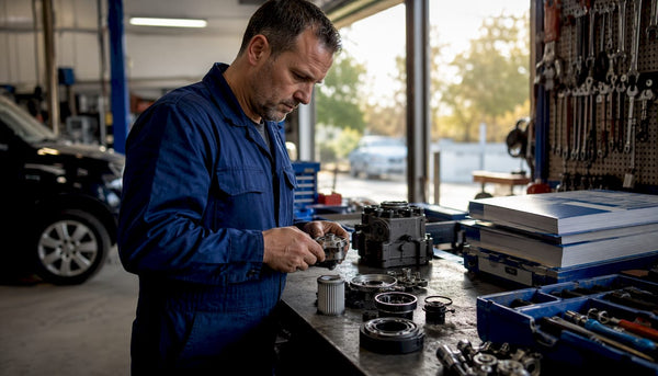 Technician inspecting Haldex coupling parts in workshop