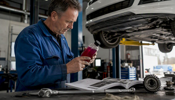 Mechanic inspecting Haldex oil bottle under car