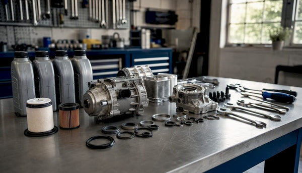 Close-up of Haldex service kit parts on workbench