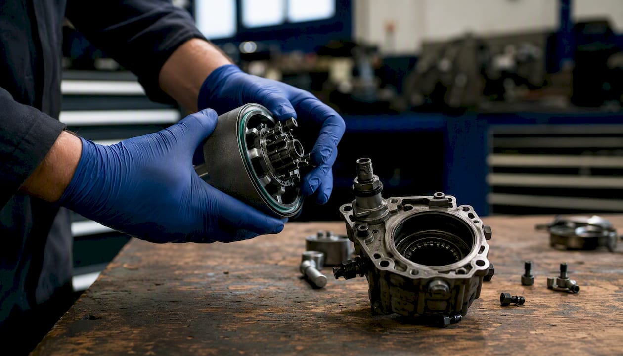Technician hands inspecting Haldex AWD pump part