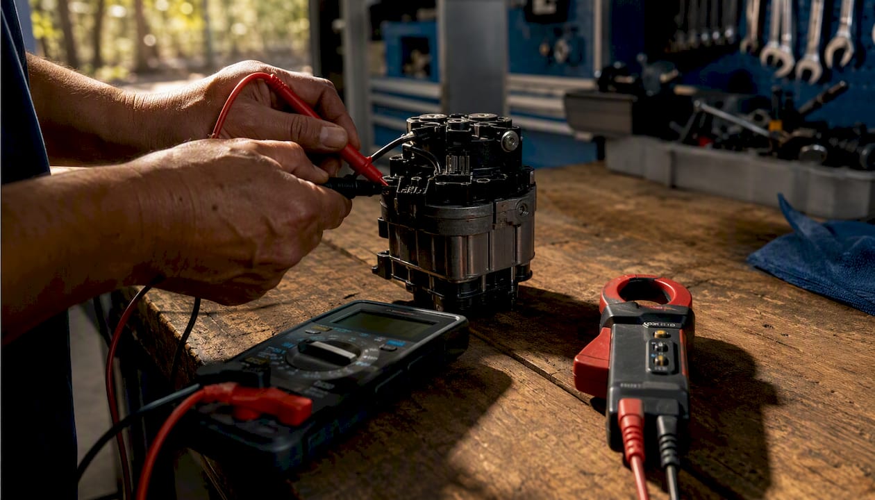 Mechanic testing Haldex pump motor with multimeter