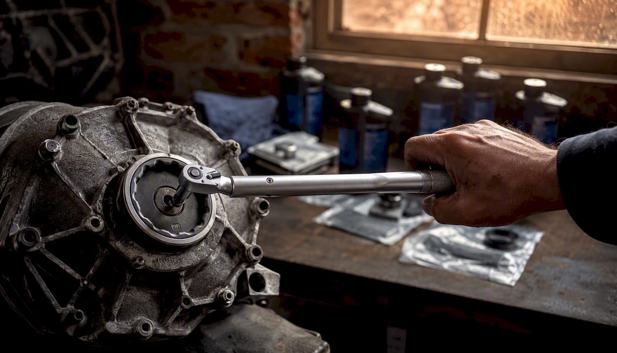 Hands tightening Haldex filter housing with torque wrench