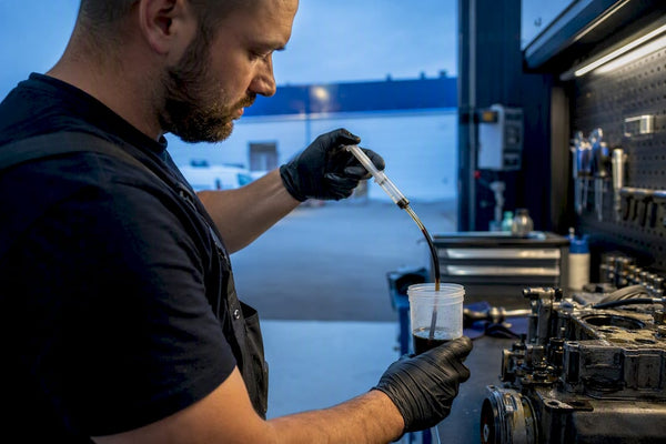 Hands extracting dark Haldex oil sample