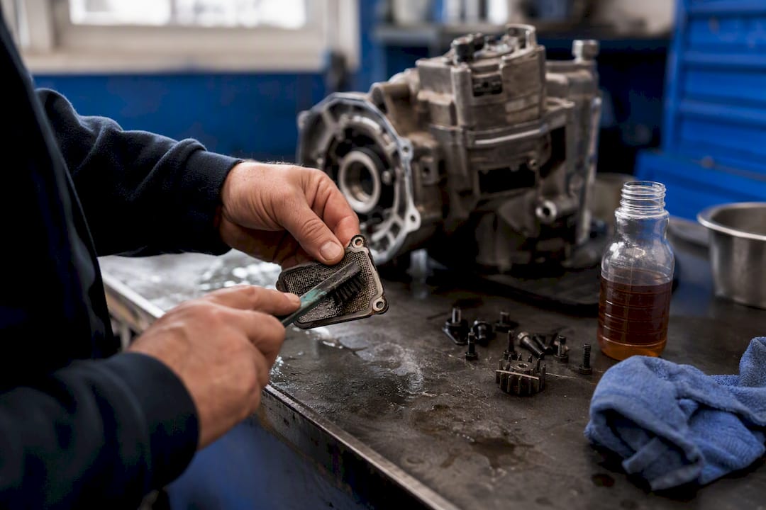 Technician cleaning Haldex pump screen by hand