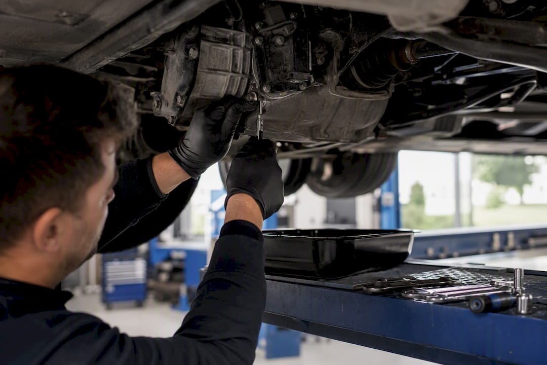 Technician loosening bolts on Haldex controller under car