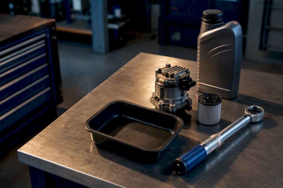 Haldex service tools and parts on workbench