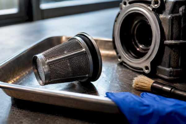 Removed pump strainer in a parts tray