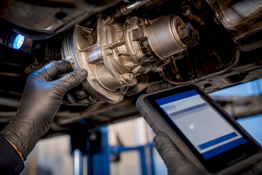 Technician checking an anonymous AWD coupling