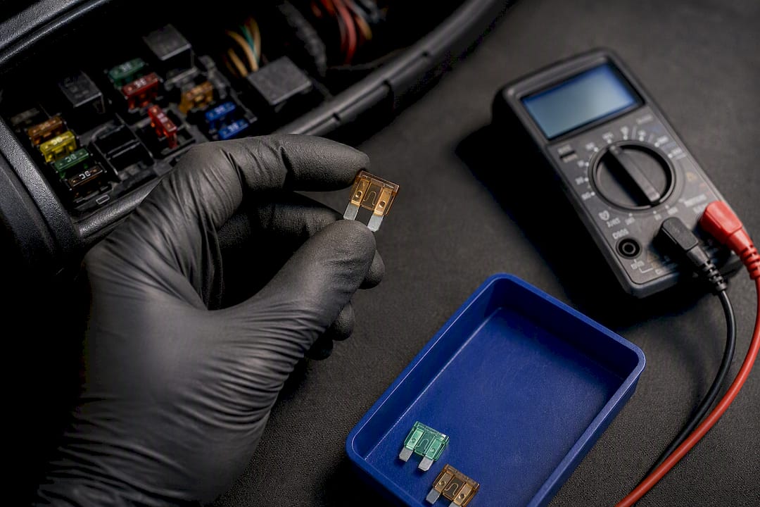 Technician inspecting an automotive fuse