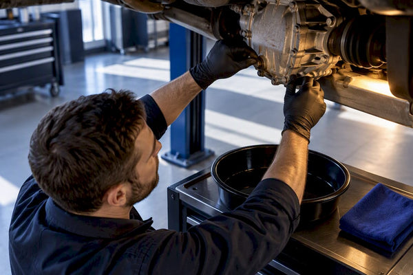 Technician inspecting an AWD coupling during service