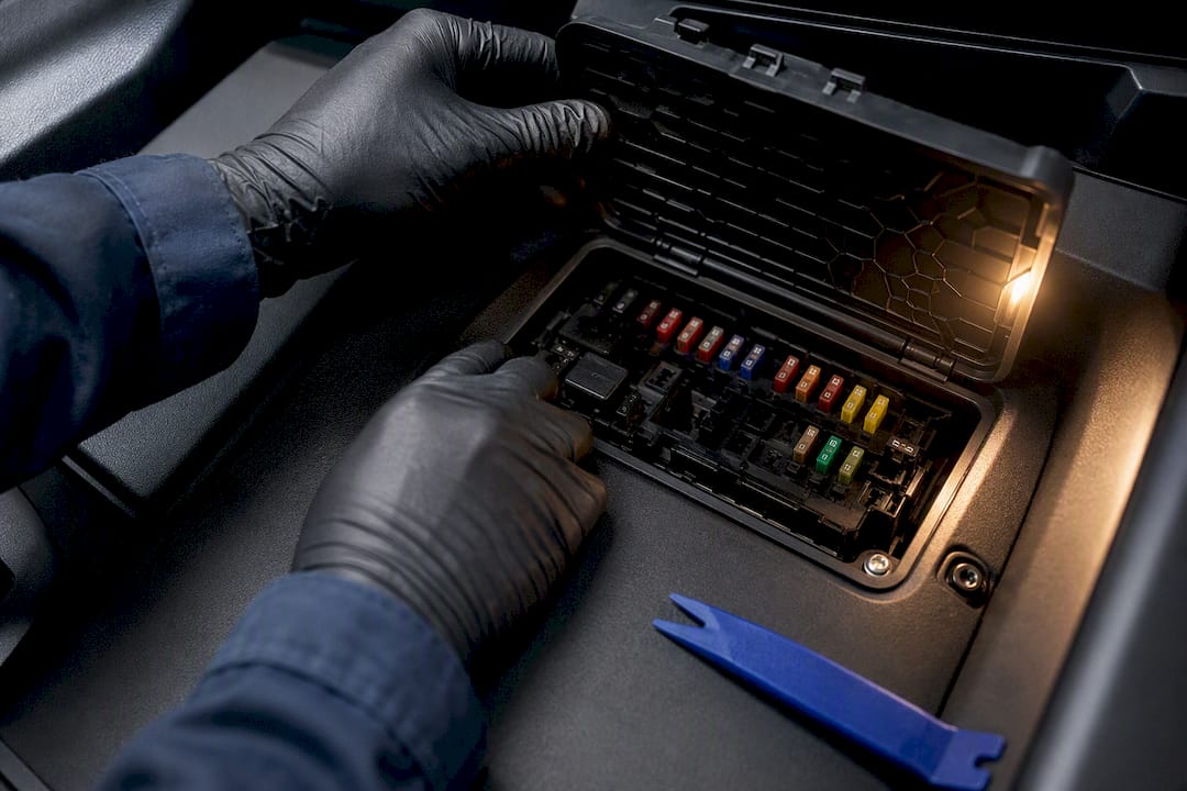 Mechanic inspecting vehicle fusebox fuses