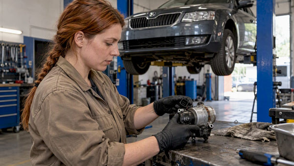 Mechanic inspecting an Octavia Haldex pump